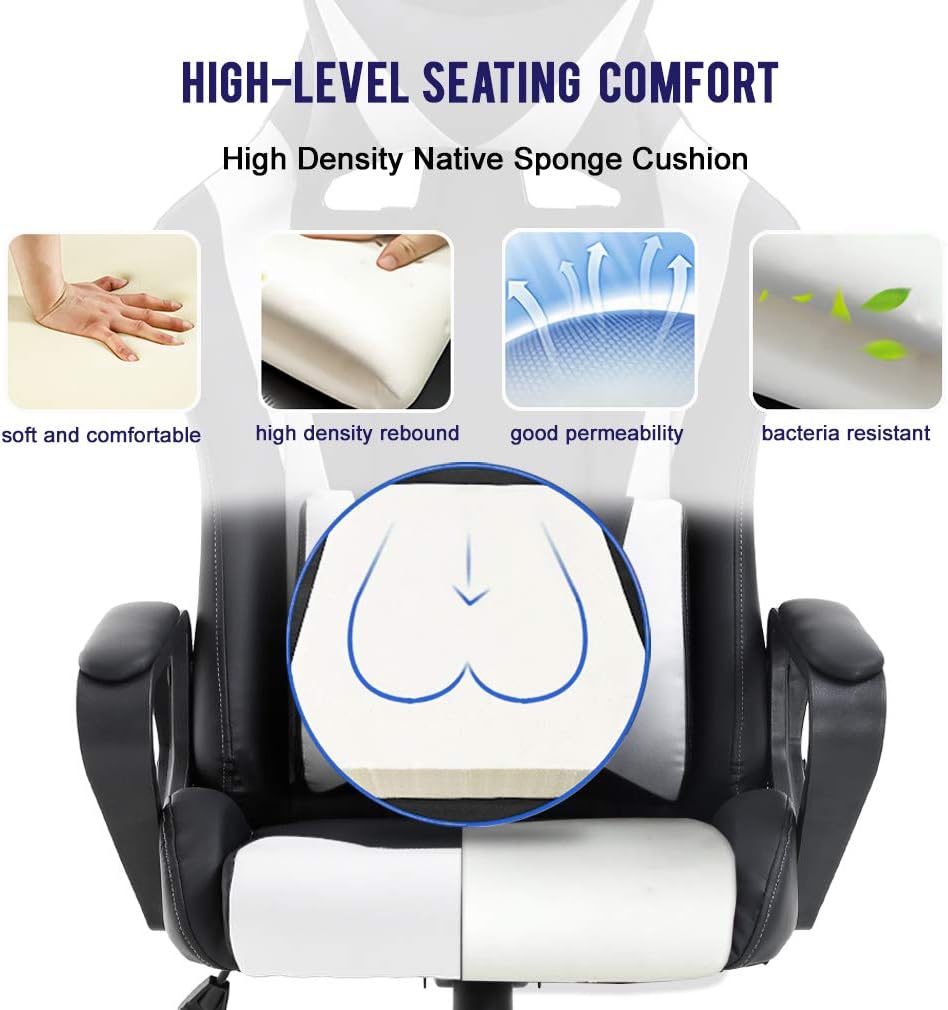BestOffice High-Back Gaming Chair PC Office Chair Computer Racing Chair PU Desk Task Chair Ergonomic Executive Swivel Rolling Chair with Lumbar Support for Back Pain Women, Men,White
