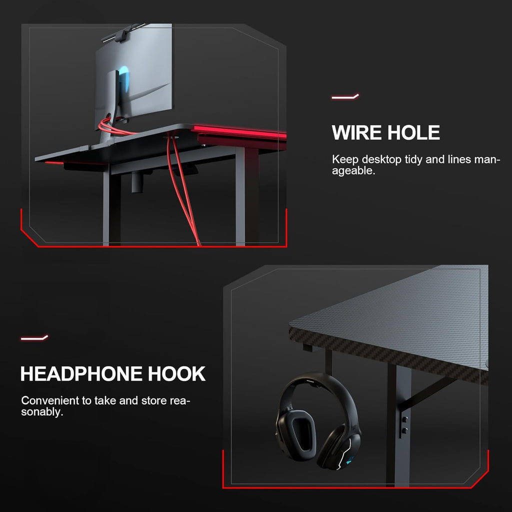 GTPLAYER Gaming Desk 55 Inch with LED Lights, Large Computer Desk with Mouse Pad for Home Office, T-Shaped Carbon Fibre Surface PC Game Workstations with Headphone Hook