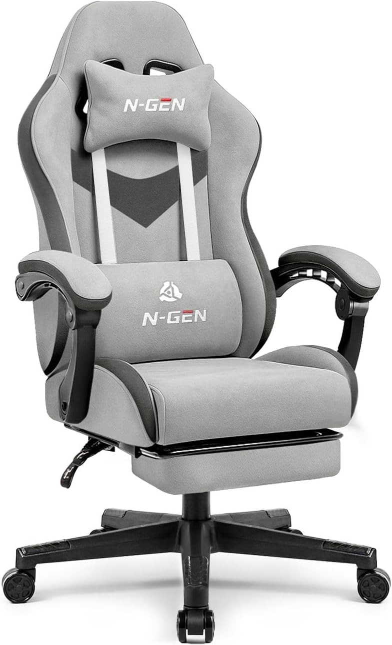 N-GEN GAMING Video Gaming Chair with Footrest Lumbar Support for Home Office High Back Recliner Height Adjustable Ergonomic Comfy Leather Computer Desk Chair (Black)