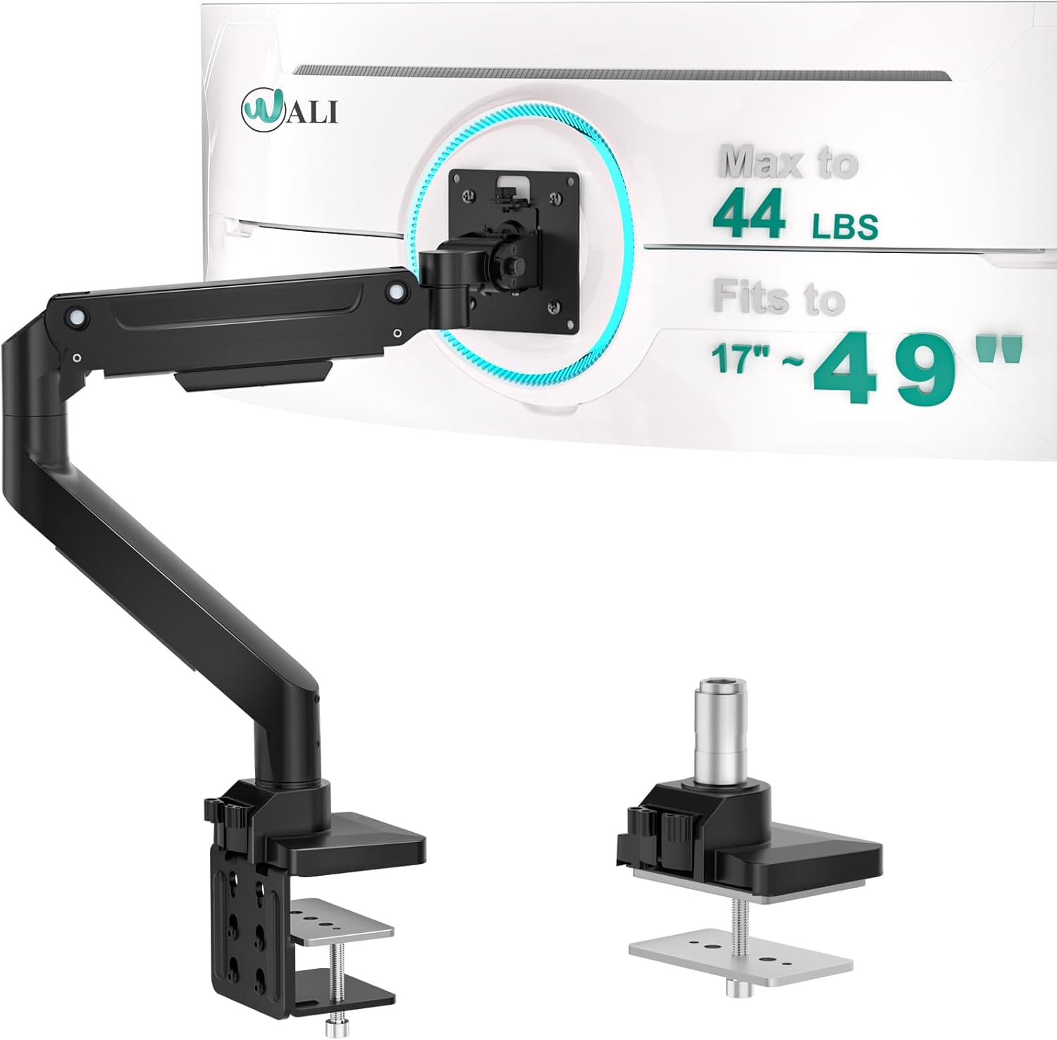 WALI Heavy Duty Single Monitor Arm for 17-49 Inch Flat Curved Ultrawide Screens, up to 33 Lbs, Adjustable Gas Spring Single Monitor Desk Mount for Home Office Gaming, VESA 75/100mm (GSM001XLN), Black