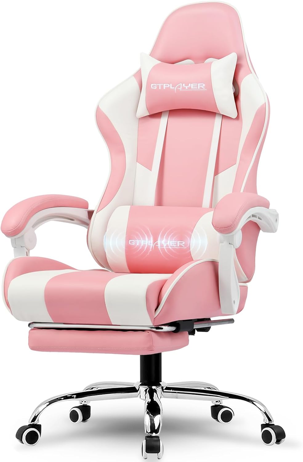 GTPLAYER Gaming Chair, Computer Chair with Footrest and Lumbar Support, Height Adjustable Game Chair with 360°-Swivel Seat and Headrest and for Office or Gaming (Pearl White)