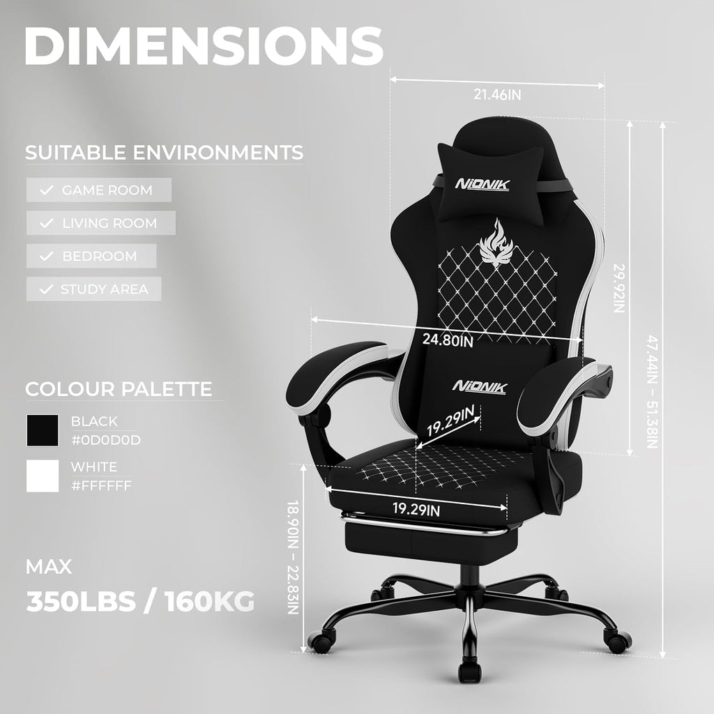 Gaming Chair with Massage,Ergonomic PC Gaming Chair Computer Chairs with Footrest Comfortable Headrest and Lumbar Support, High Back Blackwhite