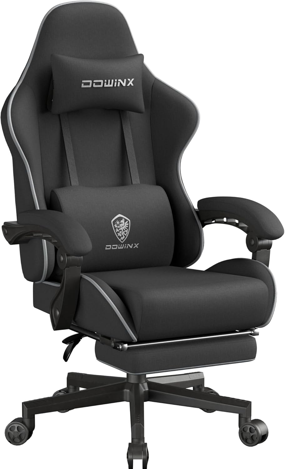 Dowinx Gaming Chair Fabric with Pocket Spring Cushion, Massage Game Chair Cloth with Headrest, Ergonomic Computer Chair with Footrest 290LBS, Black and Grey