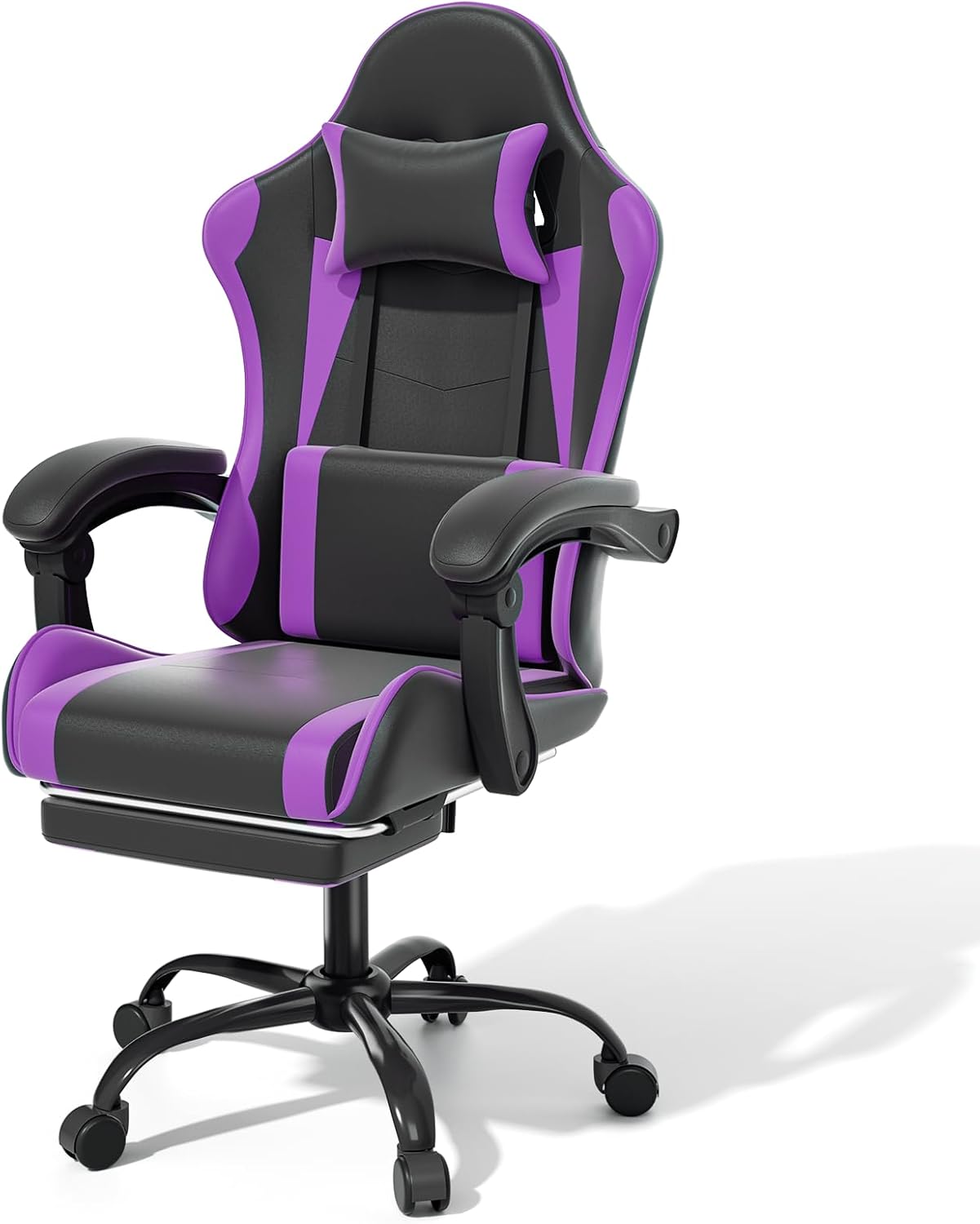 MoNiBloom Gaming Chair with Footrest High Back Video Game Chair with Headrest & Lumbar Support Height Adjustable Leather Swivel Computer Chair for Adult Teen Office or Gaming, Black