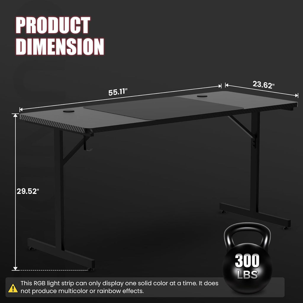 GTPLAYER Gaming Desk 55 Inch with LED Lights, Large Computer Desk with Mouse Pad for Home Office, T-Shaped Carbon Fibre Surface PC Game Workstations with Headphone Hook