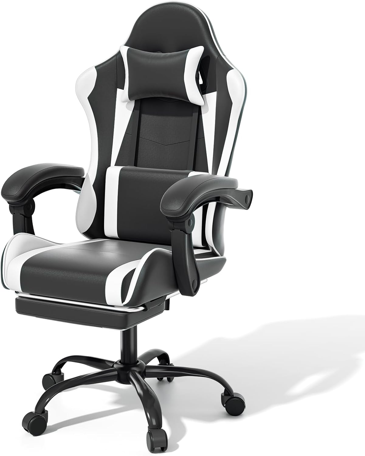 MoNiBloom Gaming Chair with Footrest High Back Video Game Chair with Headrest & Lumbar Support Height Adjustable Leather Swivel Computer Chair for Adult Teen Office or Gaming, Black