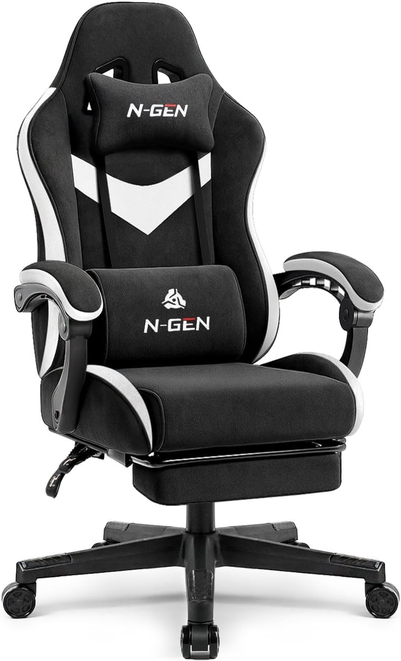 N-GEN GAMING Video Gaming Chair with Footrest Lumbar Support for Home Office High Back Recliner Height Adjustable Ergonomic Comfy Leather Computer Desk Chair (Black)