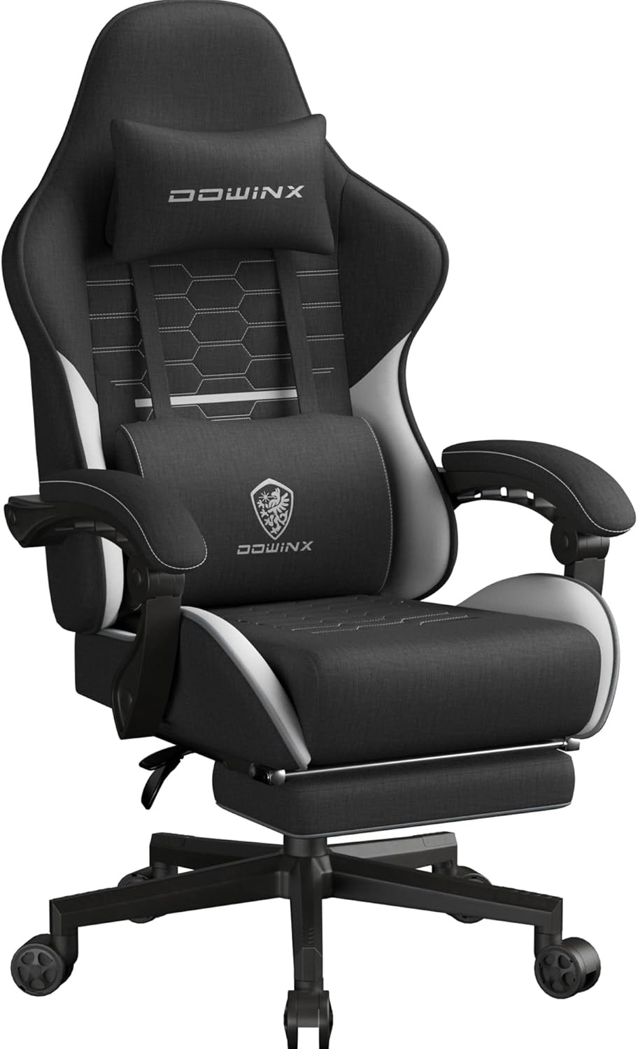 Dowinx Gaming Chair Fabric with Pocket Spring Cushion, Massage Game Chair Cloth with Headrest, Ergonomic Computer Chair with Footrest 290LBS, Black and Grey