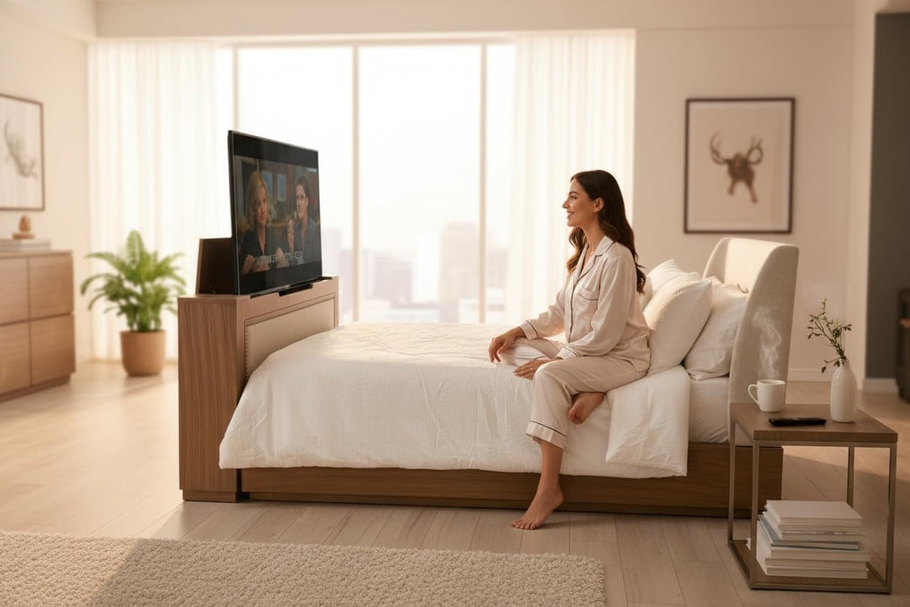 Melodita Brown TV Lift Cabinet, Motorized Flat Screen TV Cabinet with Hidden Storage & Remote-Controlled Lift, Fits up to 55” TVs, Wood Finish (Light Brown, Queen)