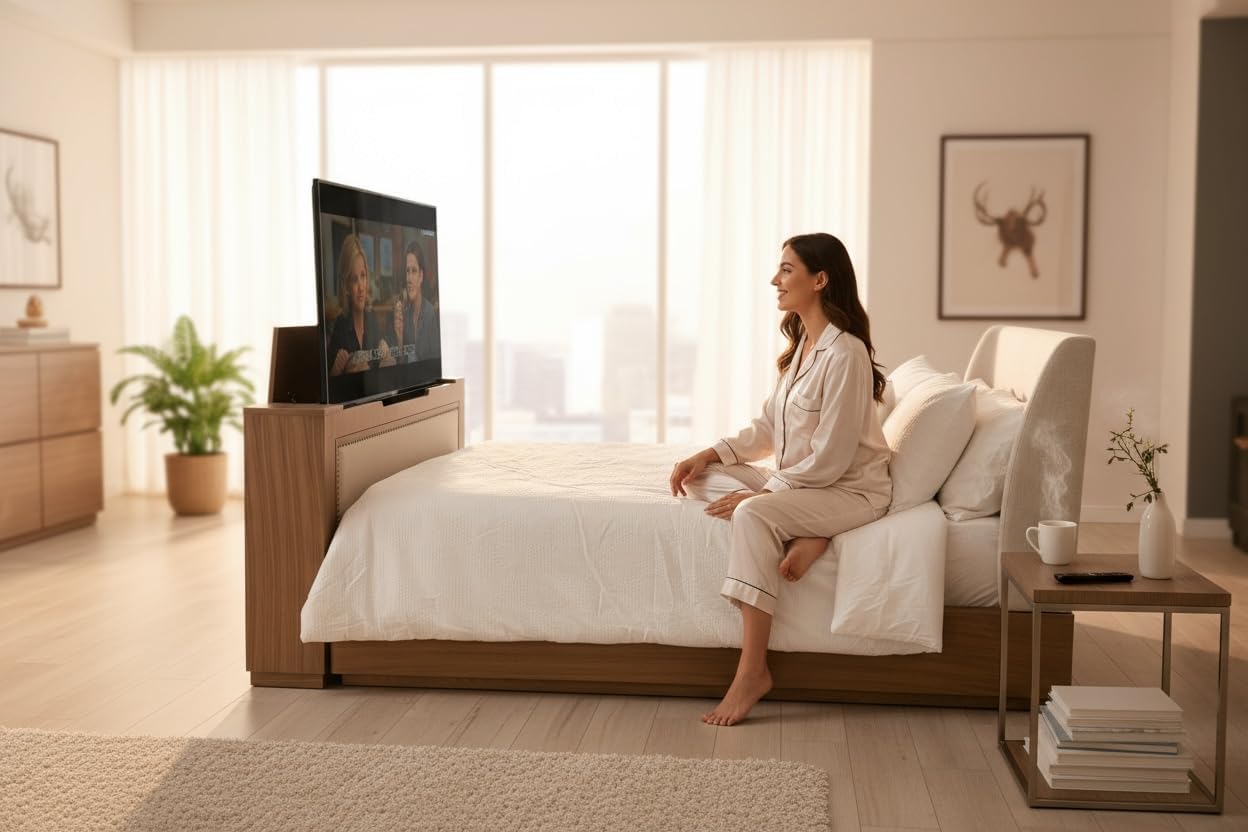 Melodita Brown TV Lift Cabinet, Motorized Flat Screen TV Cabinet with Hidden Storage & Remote-Controlled Lift, Fits up to 55” TVs, Wood Finish (Light Brown, Queen)