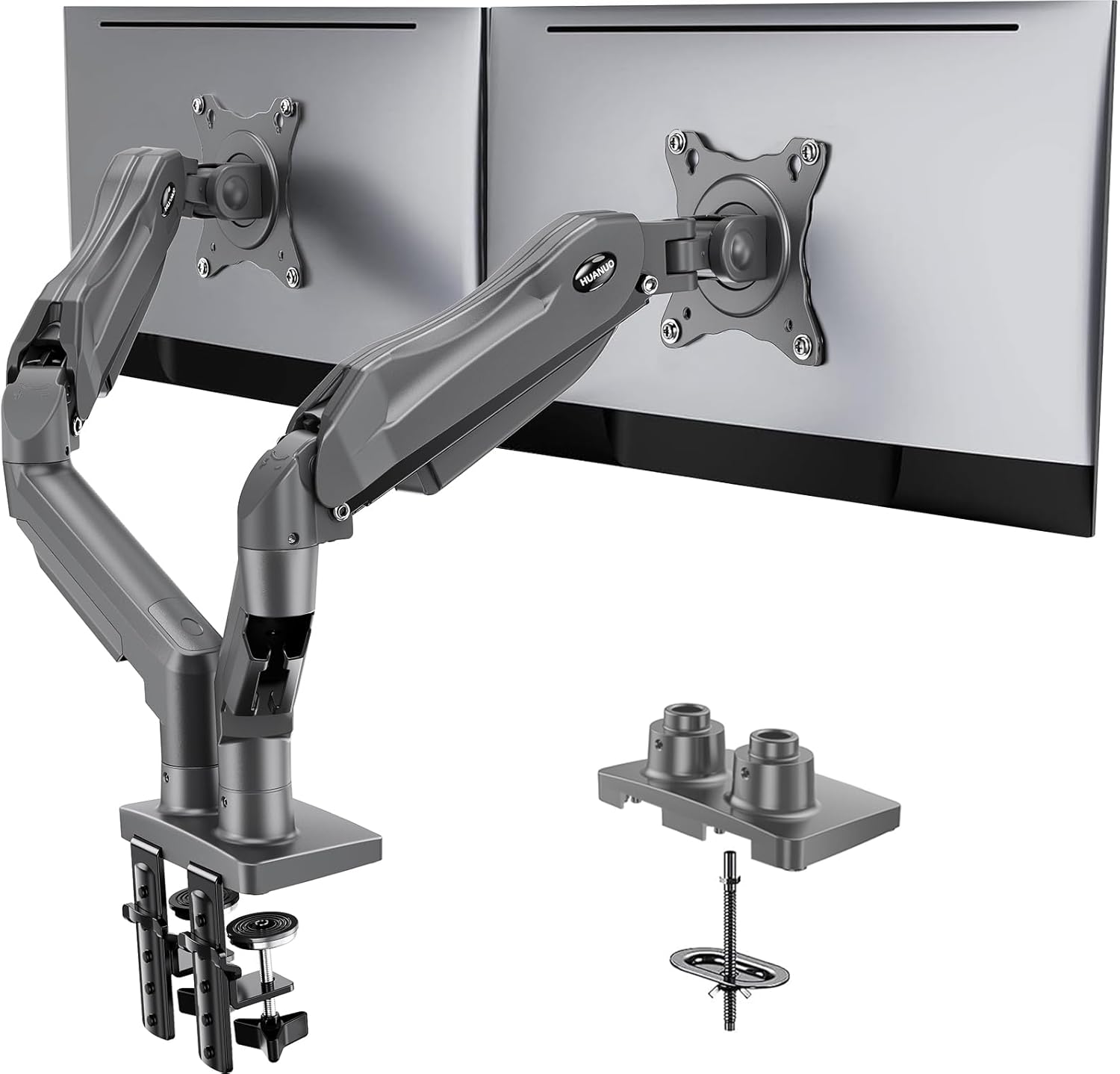 HUANUO Dual Monitor Stand, Fully Adjustable Gaming Monitor Desk Mount for 13–32″ Computer Screens, Full Motion VESA 75x75/100x100 with C-Clamp & Grommet Base, Each Arm Holds 4.4 to 19.8 lbs