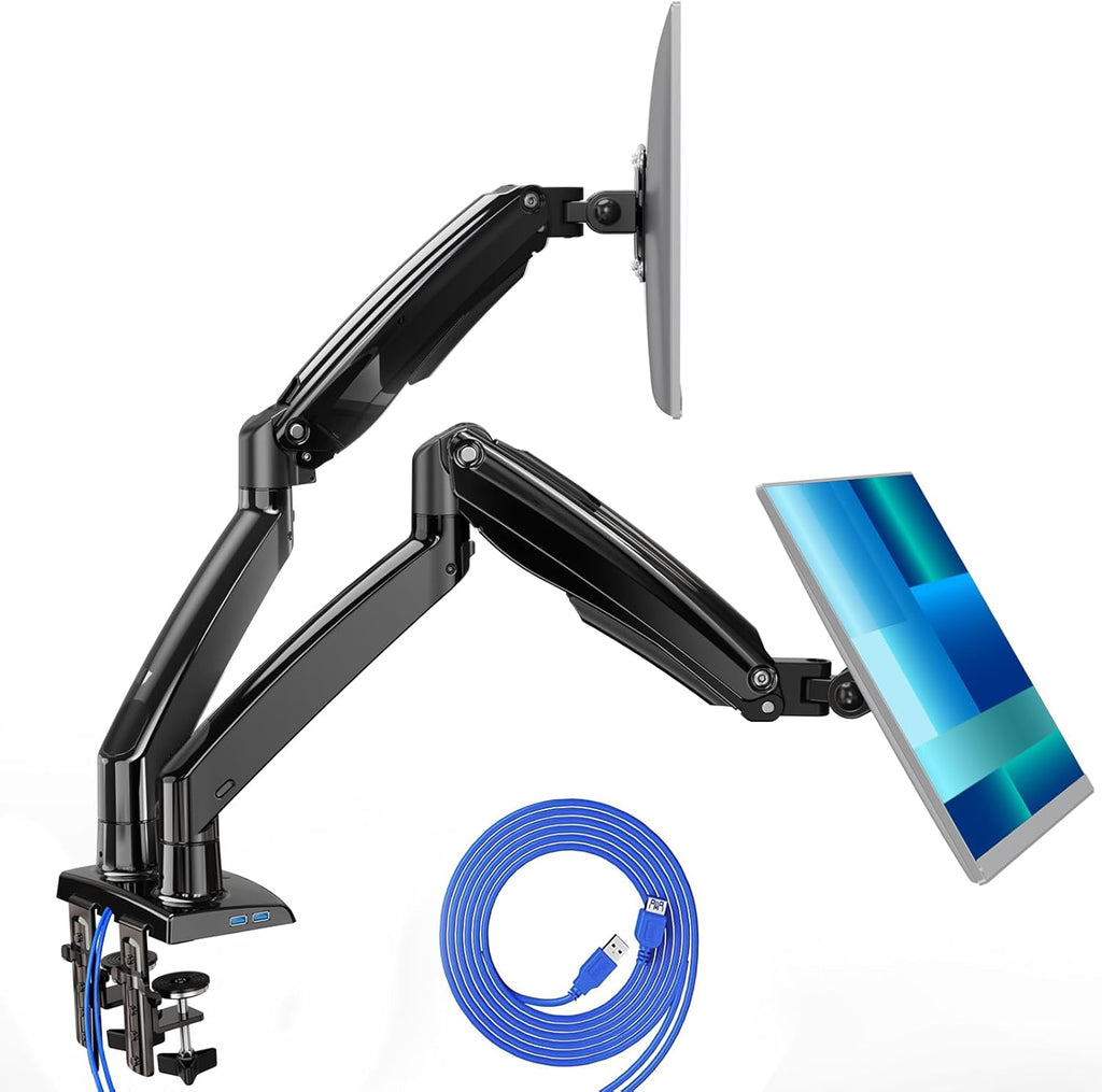 HUANUO NITROGLIDE™ Dual Monitor Stand for 13″–40″, Premium Dual Monitor Mount with USB, Height Adjustable Monitor Stand for 2 Monitors, VESA Mount with Clamp/Grommet Base, Holds 26.4lbs per Arm, HNDS7