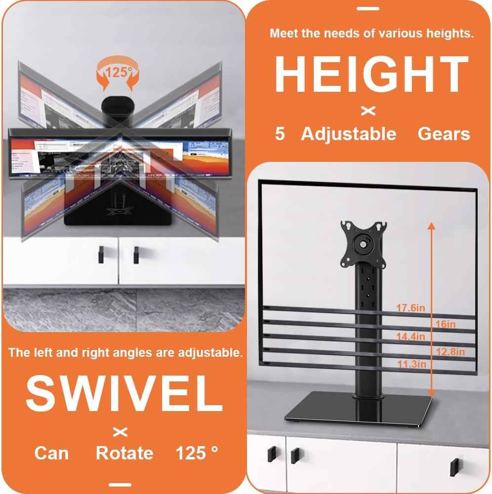KKTONER Single Computer Monitor Stand Free Standing Desk Vesa Mount for 13 inch to 32 inch Screen Height Adjustable Monitor Mount Swivel Vesa 75*75mm/100*100mm Hold up 77Lbs