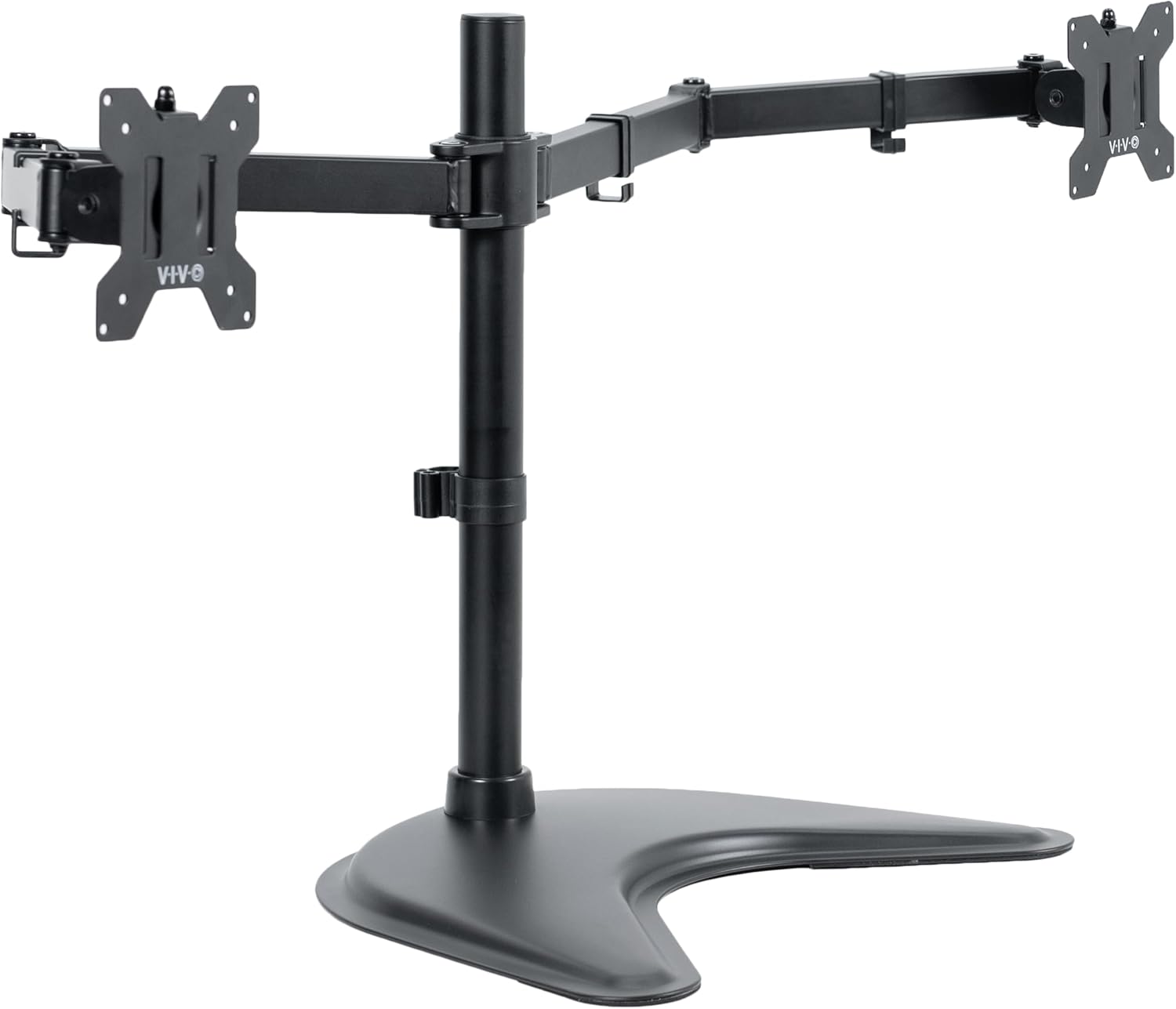 VIVO STAND-V002F Dual LED LCD Monitor Free-Standing Desk Stand for 2 Screens up to 27 Inch Heavy-Duty Fully Adjustable Arms with Max VESA 100x100mm
