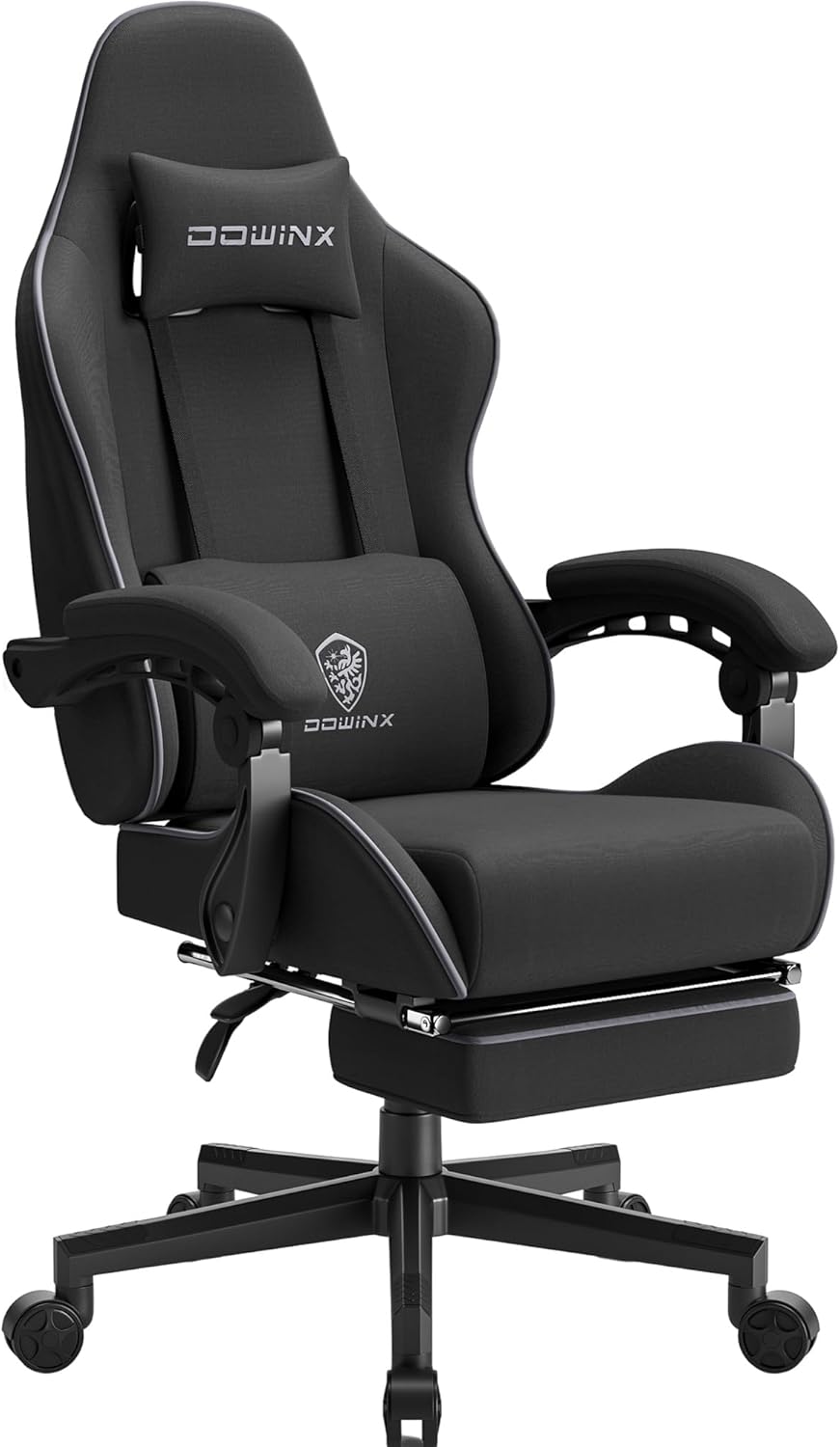 Dowinx Gaming Chair Fabric with Pocket Spring Cushion, Massage Game Chair Cloth with Headrest, Ergonomic Computer Chair with Footrest 290LBS, Black and Grey