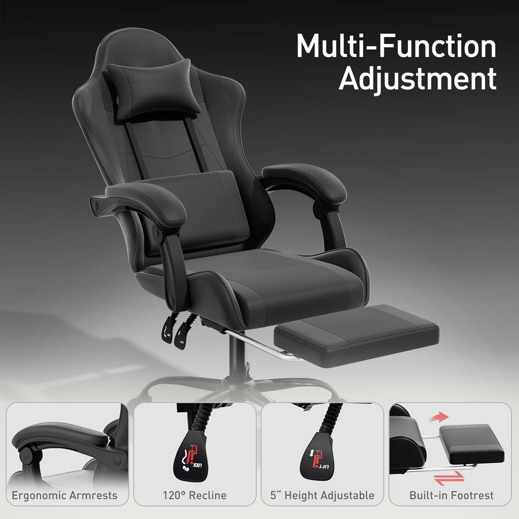 MoNiBloom Gaming Chair with Footrest High Back Video Game Chair with Headrest & Lumbar Support Height Adjustable Leather Swivel Computer Chair for Adult Teen Office or Gaming, Black