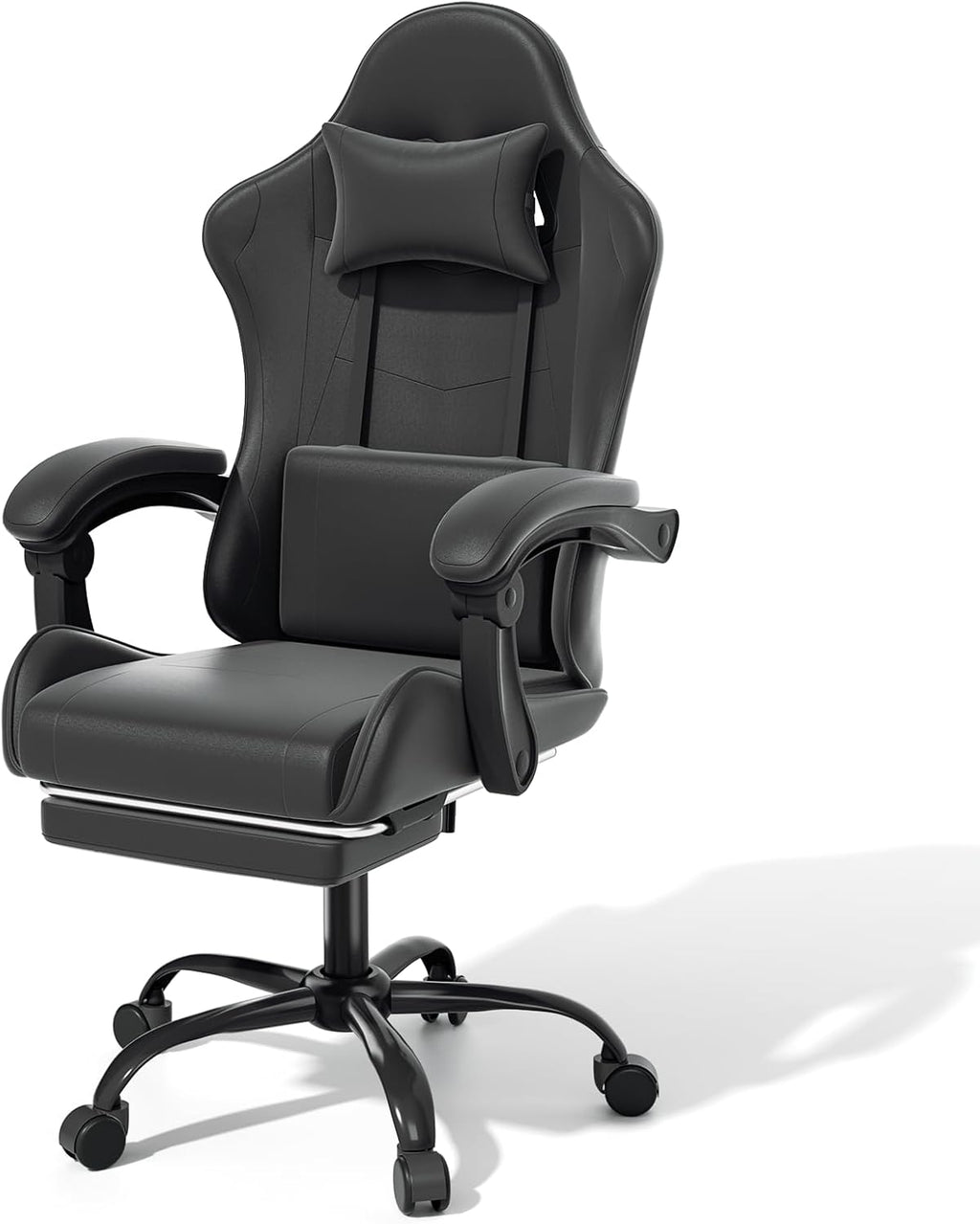 MoNiBloom Gaming Chair with Footrest High Back Video Game Chair with Headrest & Lumbar Support Height Adjustable Leather Swivel Computer Chair for Adult Teen Office or Gaming, Black