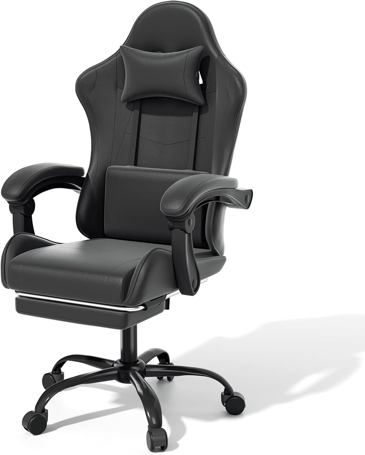 MoNiBloom Gaming Chair with Footrest High Back Video Game Chair with Headrest & Lumbar Support Height Adjustable Leather Swivel Computer Chair for Adult Teen Office or Gaming, Black