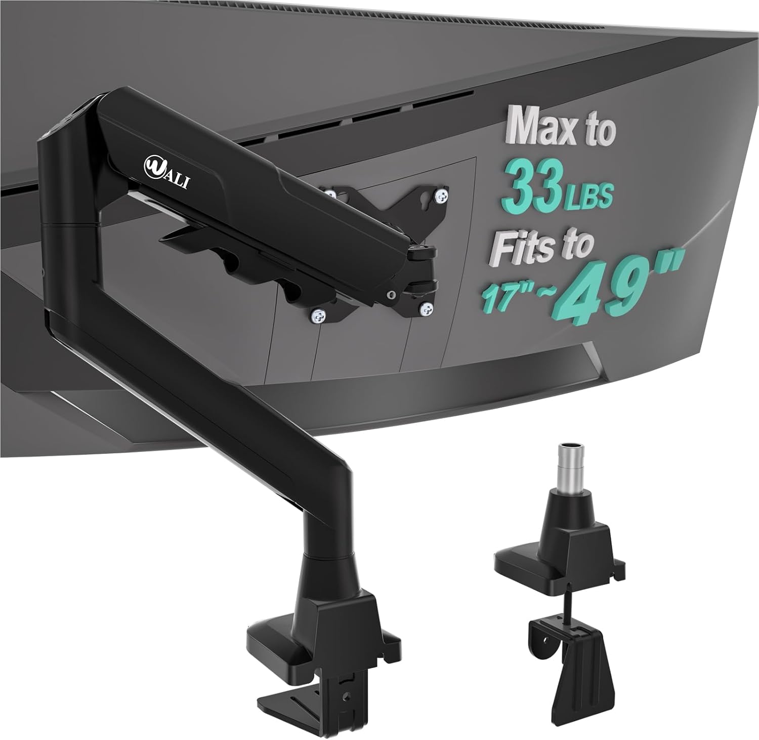 WALI Heavy Duty Single Monitor Arm for 17-49 Inch Flat Curved Ultrawide Screens, up to 33 Lbs, Adjustable Gas Spring Single Monitor Desk Mount for Home Office Gaming, VESA 75/100mm (GSM001XLN), Black