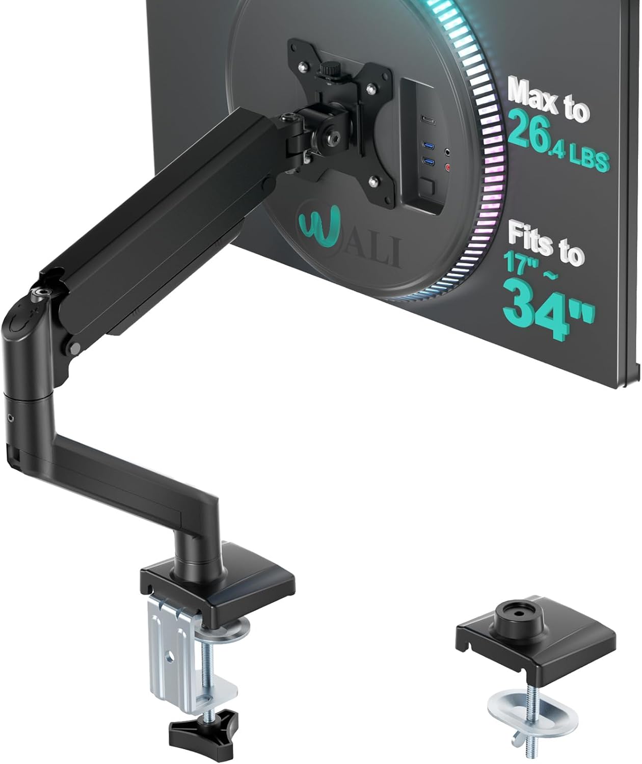WALI Single Monitor Mount, Gas Spring Monitor Arm for 17-34 inch Screens, Adjustable Computer Monitors Stand up to 26.4lbs, with Clamp and Grommet Base, Mounting Holes 75 and 100mm (GSMP001N), Black