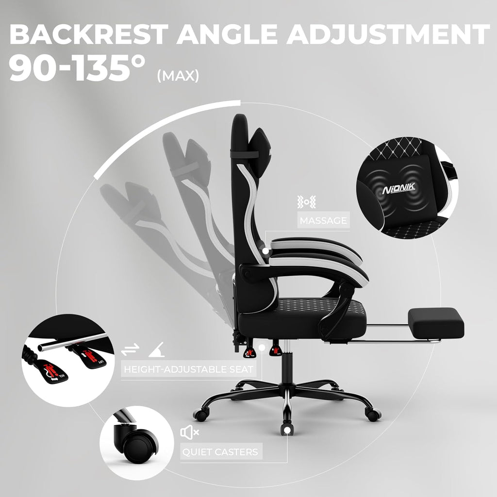 Gaming Chair with Massage,Ergonomic PC Gaming Chair Computer Chairs with Footrest Comfortable Headrest and Lumbar Support, High Back Blackwhite