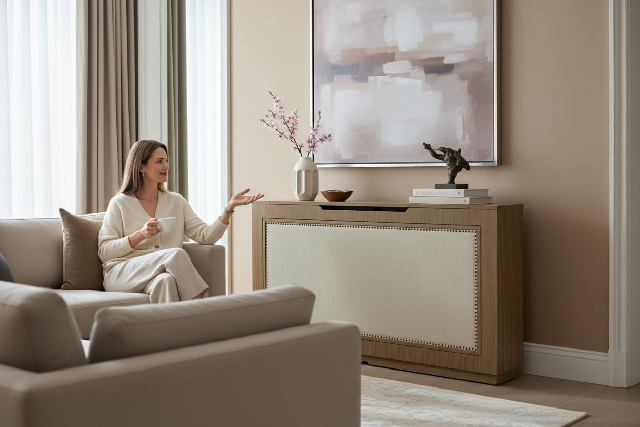 Melodita Brown TV Lift Cabinet, Motorized Flat Screen TV Cabinet with Hidden Storage & Remote-Controlled Lift, Fits up to 55” TVs, Wood Finish (Light Brown, Queen)