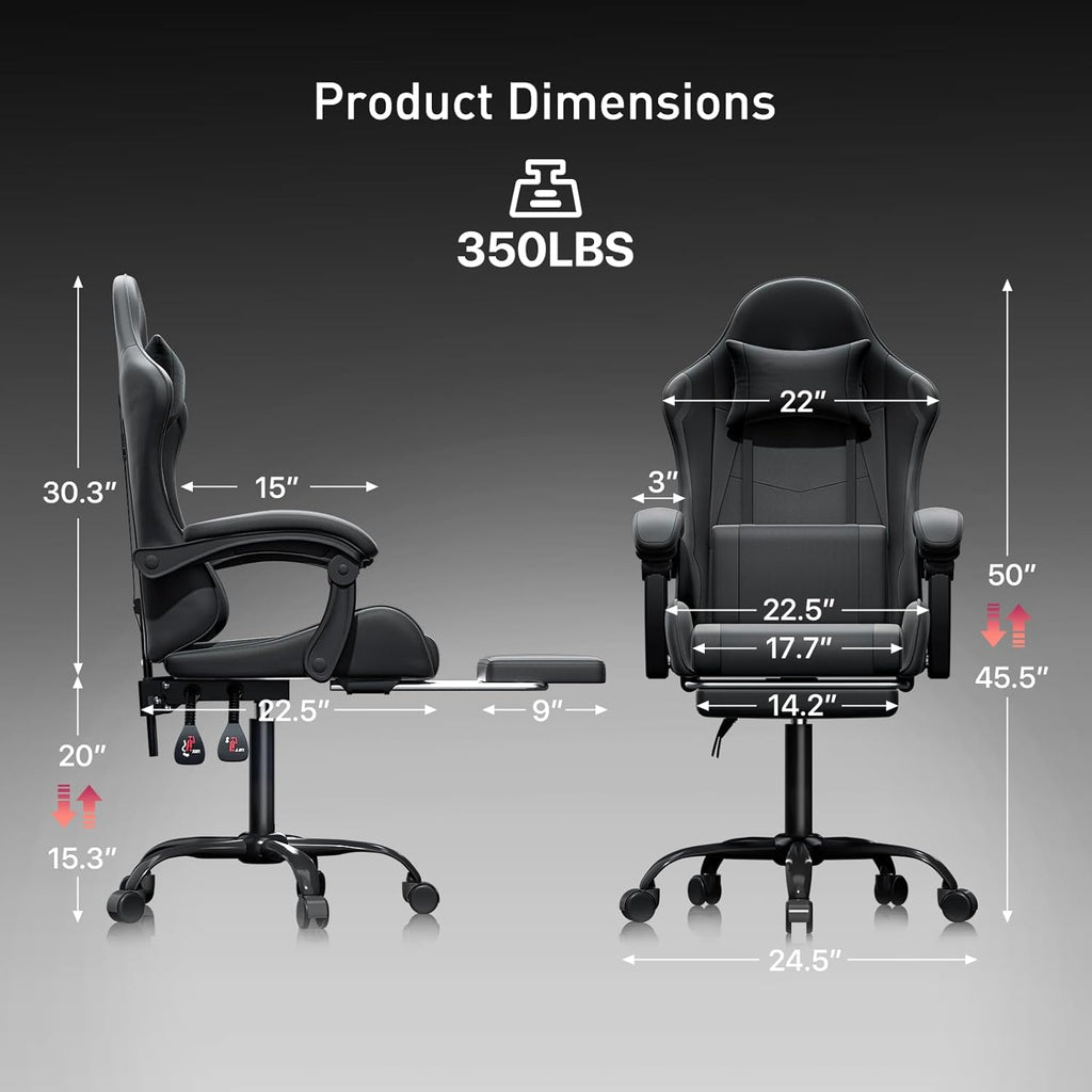 MoNiBloom Gaming Chair with Footrest High Back Video Game Chair with Headrest & Lumbar Support Height Adjustable Leather Swivel Computer Chair for Adult Teen Office or Gaming, Black