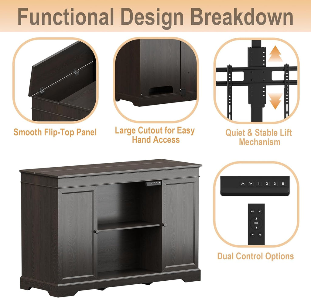 GDLF TV Lift Cabinet, Hidden Motorized Television Lift Cabinet for 55-65" TVs with Storage and Remote Control, Modern Walnut