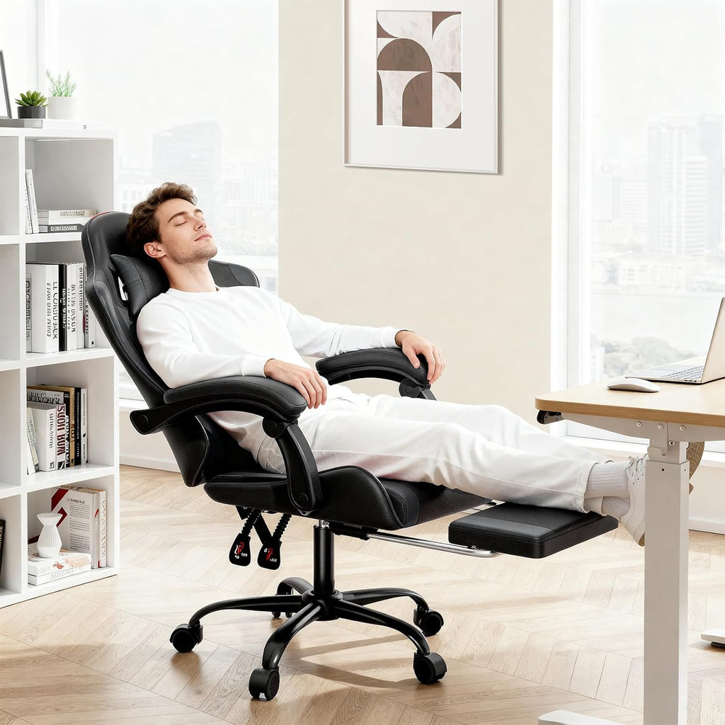 MoNiBloom Gaming Chair with Footrest High Back Video Game Chair with Headrest & Lumbar Support Height Adjustable Leather Swivel Computer Chair for Adult Teen Office or Gaming, Black