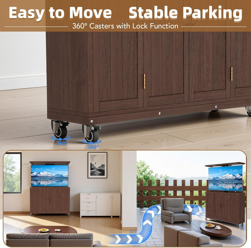 Solid Wood Outdoor TV Lift Cabinet for 32-65” TVs, Mobile TV Stand on Wheels, Weatherproof Motorized TV Lift Stand,Hidden TV Enclosure for Flat Screens
