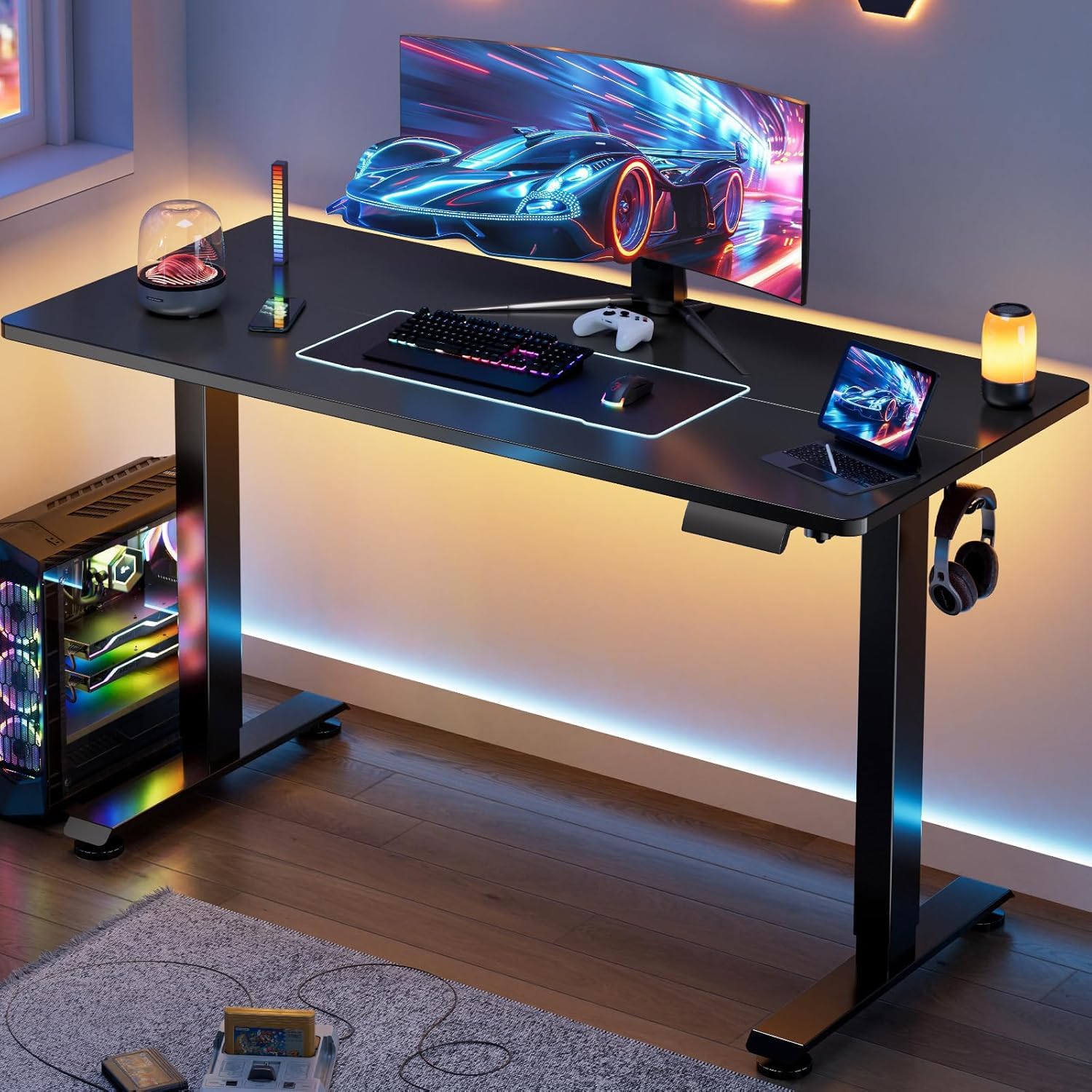 Veken 47.2" Standing Desk, Adjustable Height Office Desk with Wood Desktop, Computer Table for Home Work, Study and Gaming, Small Spaces, Modern Furniture, Black