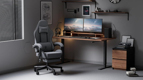 Dowinx Gaming Chair Fabric with Pocket Spring Cushion, Massage Game Chair Cloth with Headrest, Ergonomic Computer Chair with Footrest 290LBS, Black and Grey