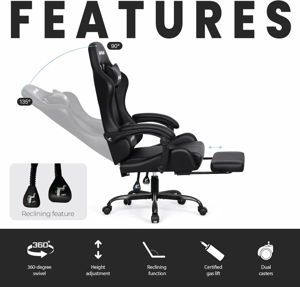 N-GEN GAMING Video Gaming Chair with Footrest Lumbar Support for Home Office High Back Recliner Height Adjustable Ergonomic Comfy Leather Computer Desk Chair (Black)