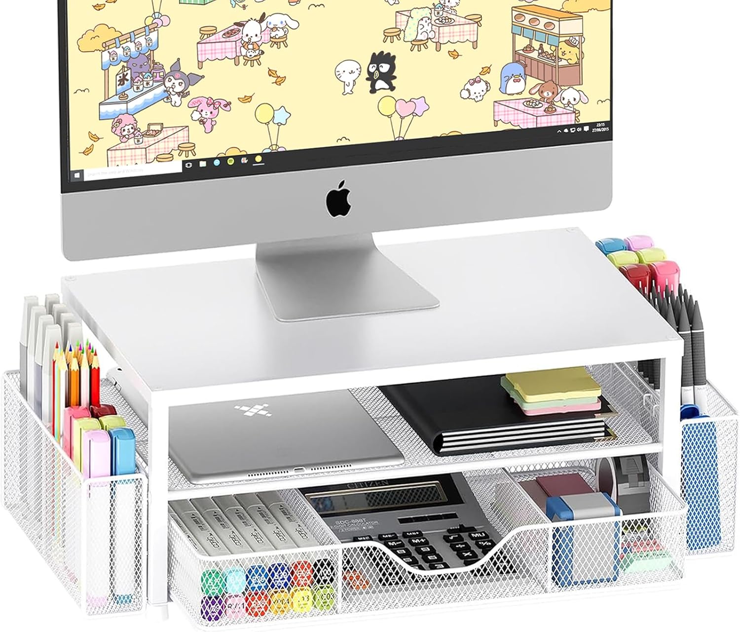 OPNICE Desk Organizer and Accessories, 2-Tier Computer Monitor Stand Riser with Drawer and 2 Pen Holders, Laptop Stand, Office Desk Accessories for Office Supplies, Black