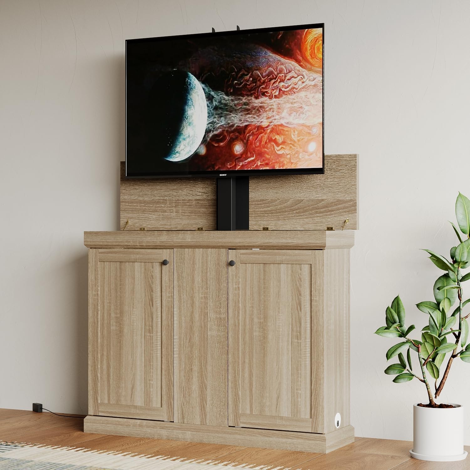 MOUMON Modern TV Stand Elevate TV Lift Cabinet with Mount, Media Console Table with Remote, Entertainment Center with 2 Doors, for Living Room, White, 50.4”W x 13.8”D x 39.3”H