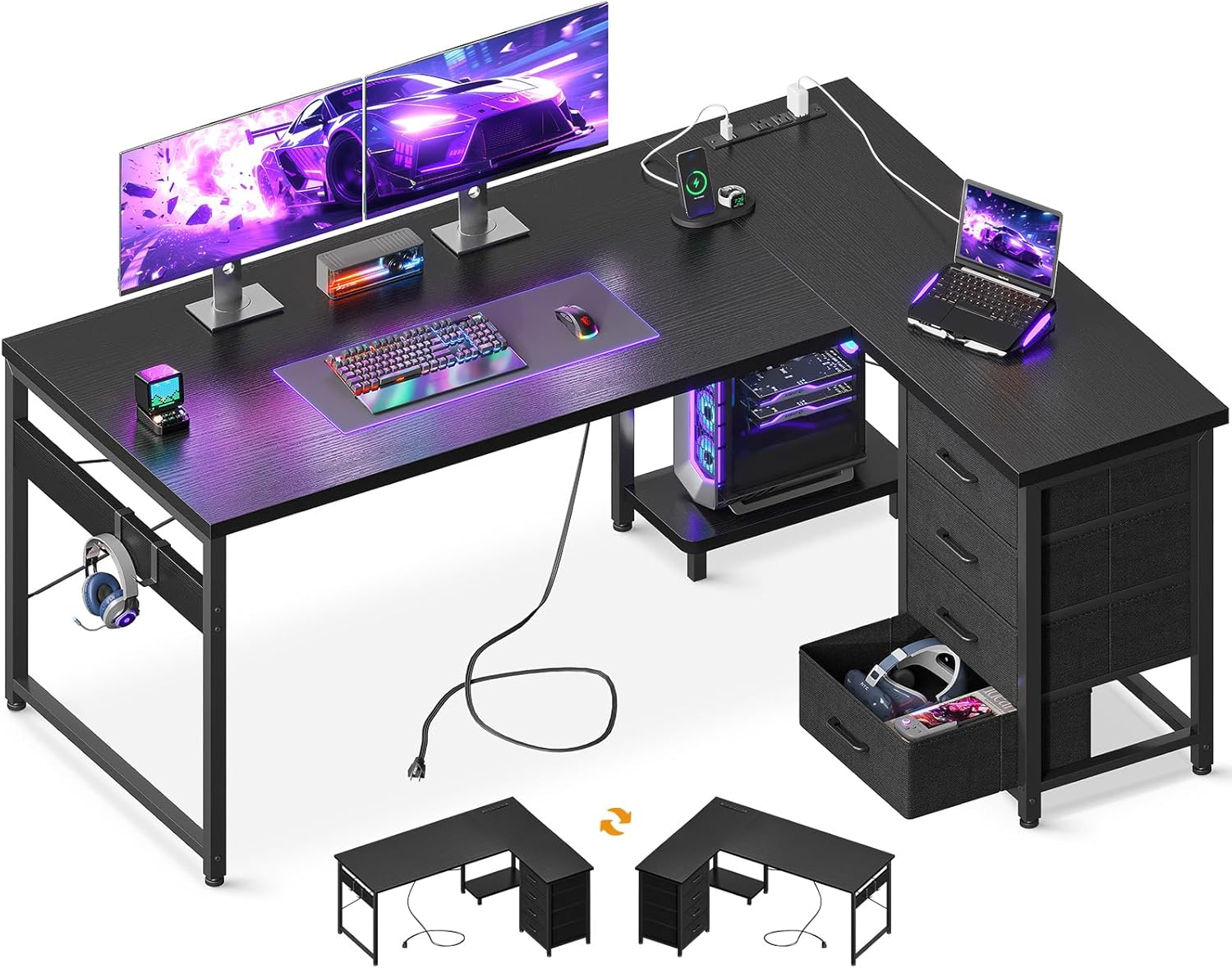 AODK L Shaped Gaming Desk with 4 Drawers, 61" Reversible Home Office Desks with Power Outlets, L Shaped Computer Desk with USB Charging Port and Host Stand, Corner Desk, Easy to Assemble, Black