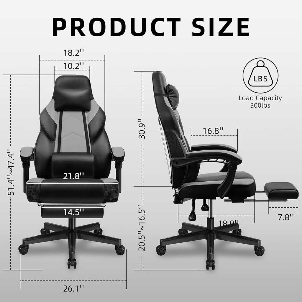 Shintenchi Gaming Chair,Video Game Chair with footrest and Massage Lumbar Support,Height Adjustable Game Chair with 360°Swivel Seat Ergonomic Computer Chair with Headrest for Office or Gaming(Grey)