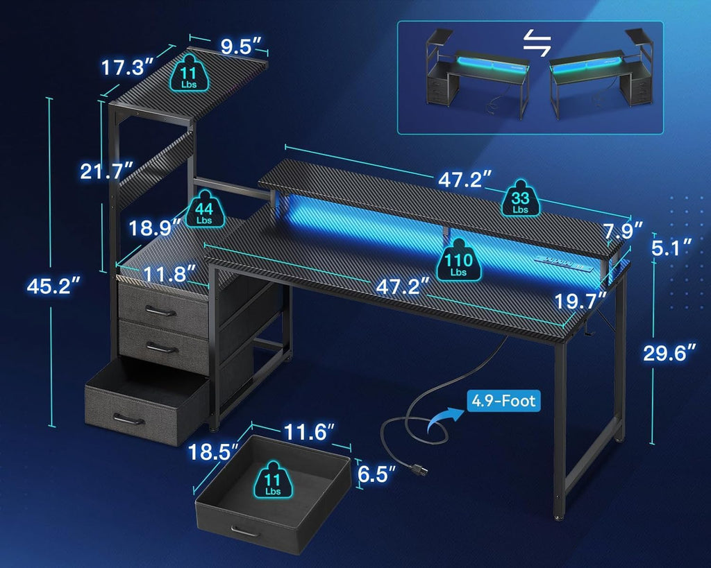 Casaottima 59 Inch Gaming Desk with USB Charging Ports & LED Light - Reversible Computer Desk with 3 Fabric Drawers, Monitor Stand, CPU Stand, and Side Hook, Modern Office Desk, Pure Black
