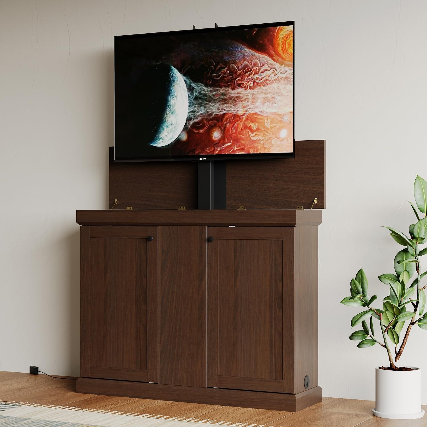 MOUMON Modern TV Stand Elevate TV Lift Cabinet with Mount, Media Console Table with Remote, Entertainment Center with 2 Doors, for Living Room, White, 50.4”W x 13.8”D x 39.3”H