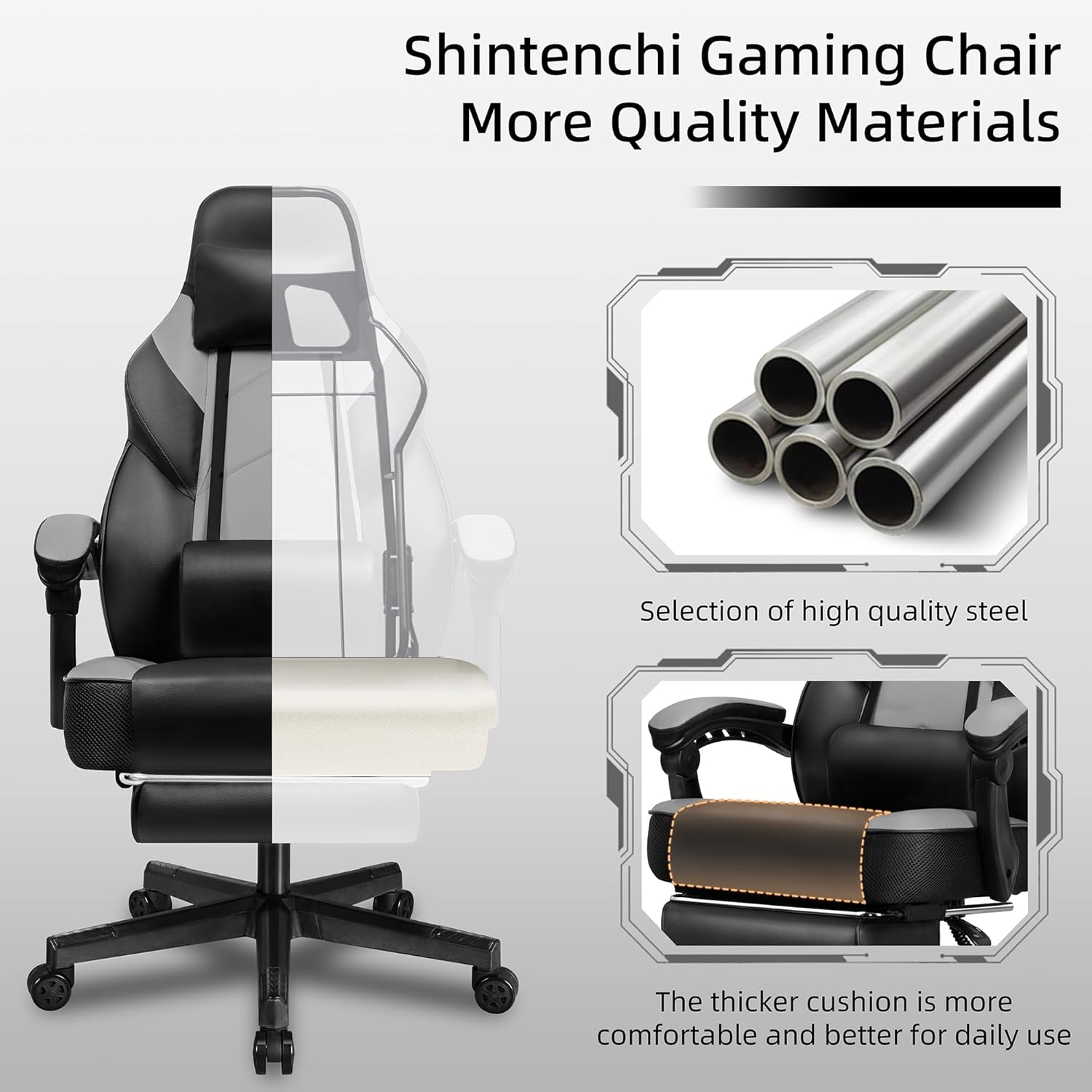 Shintenchi Gaming Chair,Video Game Chair with footrest and Massage Lumbar Support,Height Adjustable Game Chair with 360°Swivel Seat Ergonomic Computer Chair with Headrest for Office or Gaming(Grey)