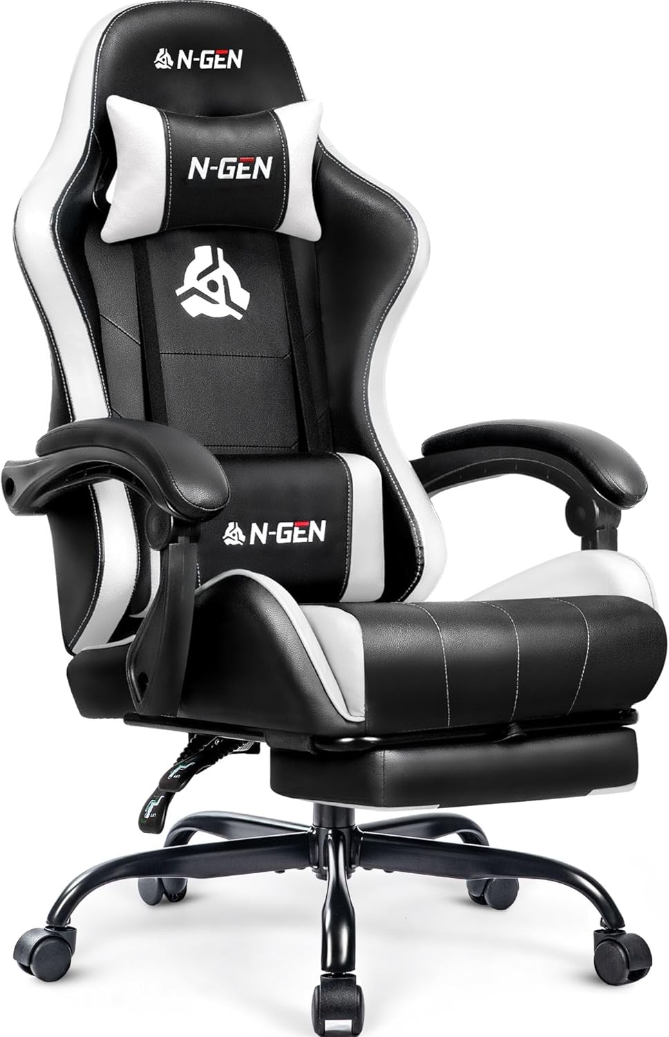 N-GEN GAMING Video Gaming Chair with Footrest Lumbar Support for Home Office High Back Recliner Height Adjustable Ergonomic Comfy Leather Computer Desk Chair (Black)