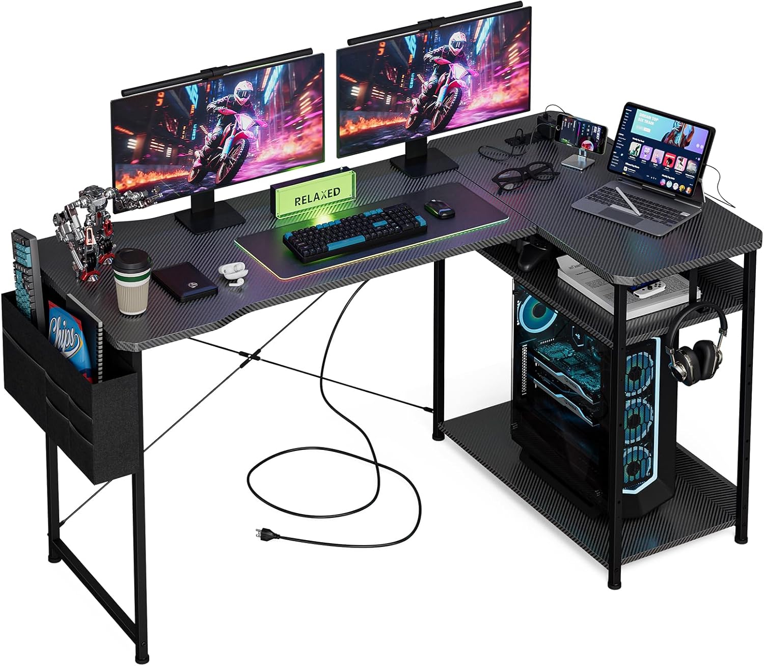Small Gaming Desk with Power Outlets, 40 Inch L Shaped Desks with Reversible Shelves and Storage Bag,Computer Desk Corner Desk PC Desk for Gaming and Home Office Table,Black