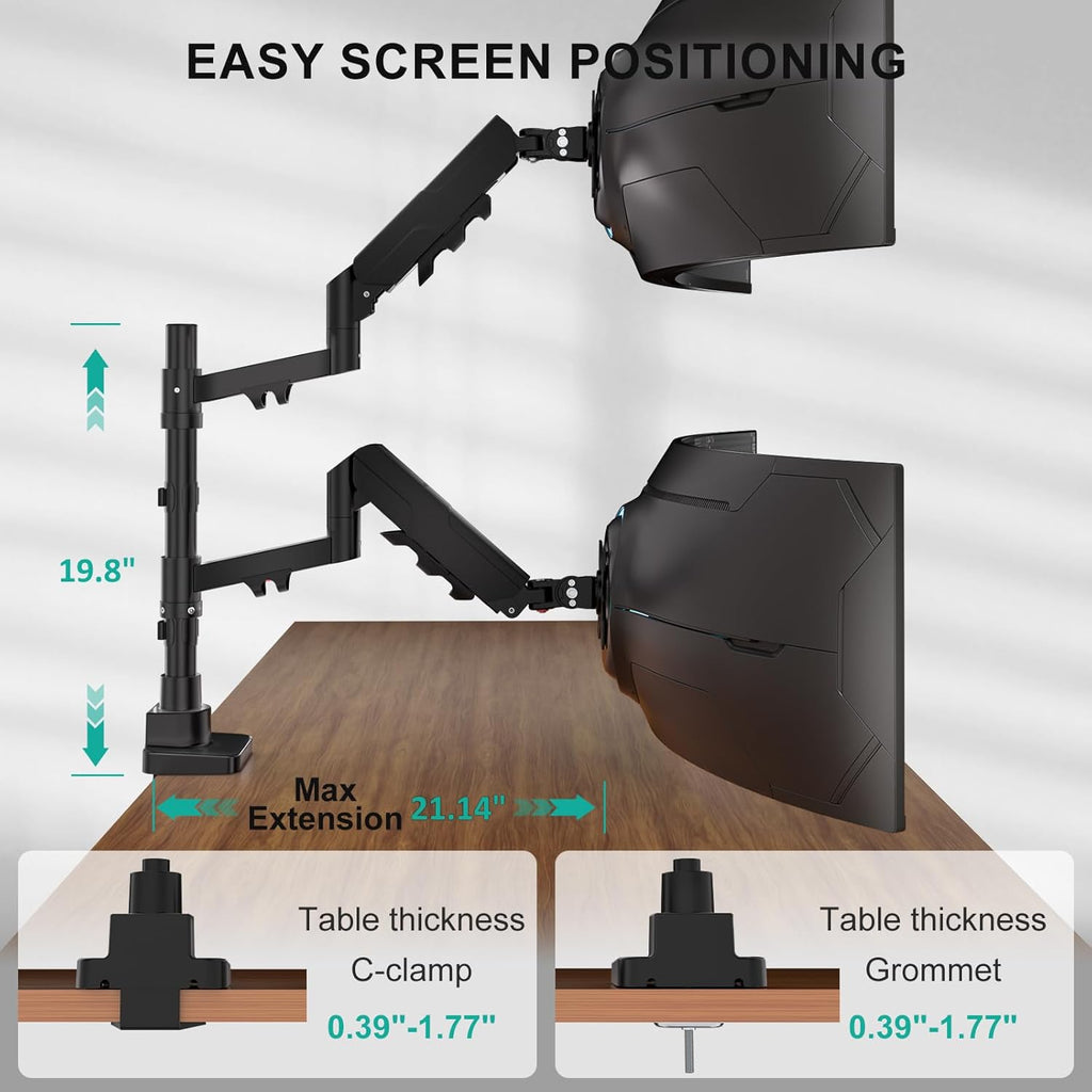 WALI Dual Monitor Stand for 17-49 Inch Ultrawide Curved Screens Stacking, Heavy Duty Vertical Dual Monitor Arm for Desk, Adjustable Gas Spring Double Monitor Mount (GSDM002XLN), Black