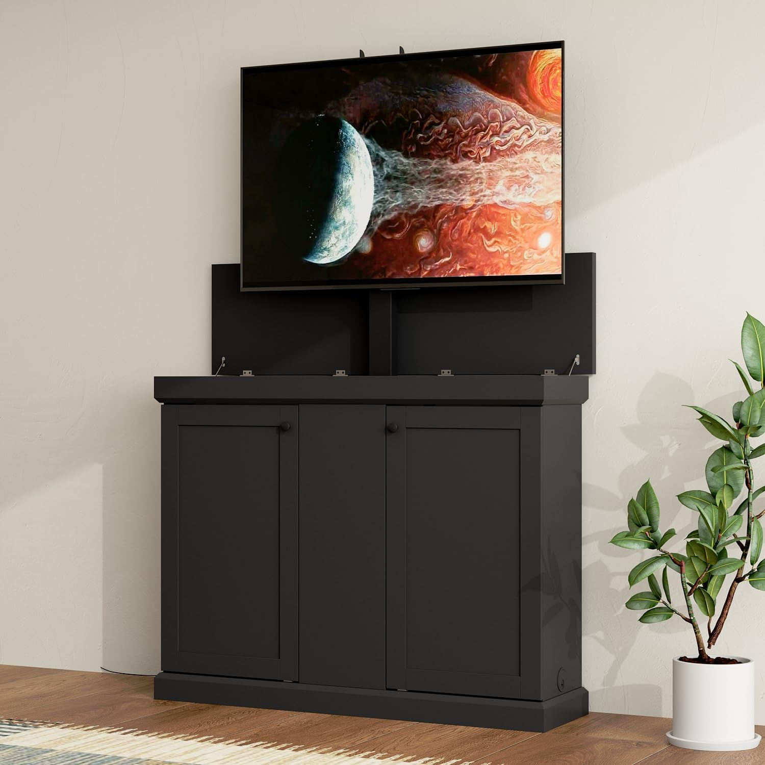 MOUMON Modern TV Stand Elevate TV Lift Cabinet with Mount, Media Console Table with Remote, Entertainment Center with 2 Doors, for Living Room, White, 50.4”W x 13.8”D x 39.3”H