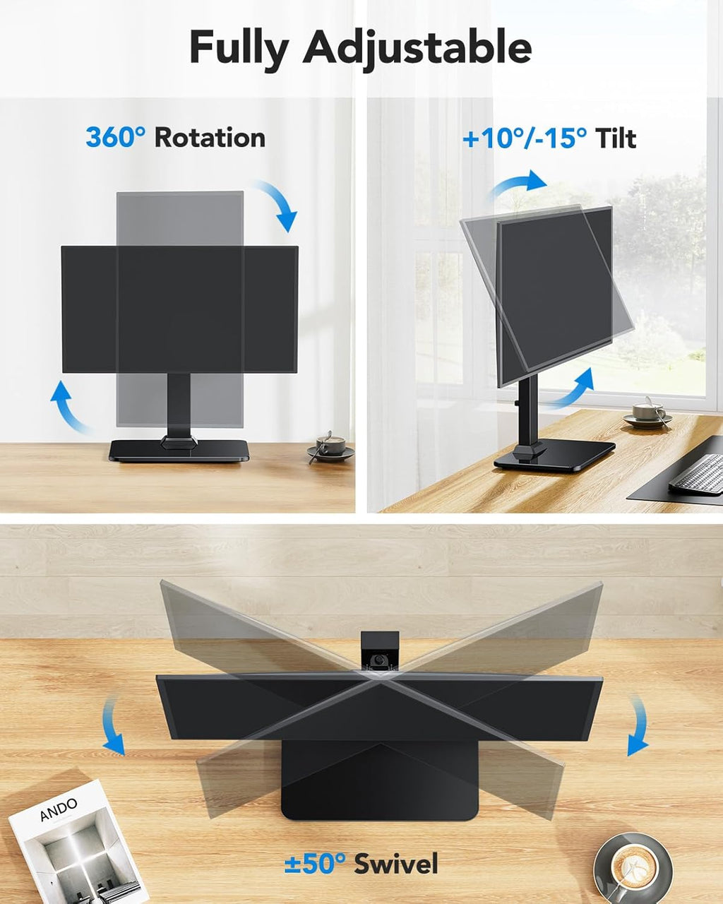 HUANUO Monitor Stand, Freestanding VESA Mount for 13 to 34 Inch Screens, Holds up to 44lbs, 5 Height Options, Swivel Desk Stand Riser With 360 Rotation, VESA 75x75mm/100x100mm