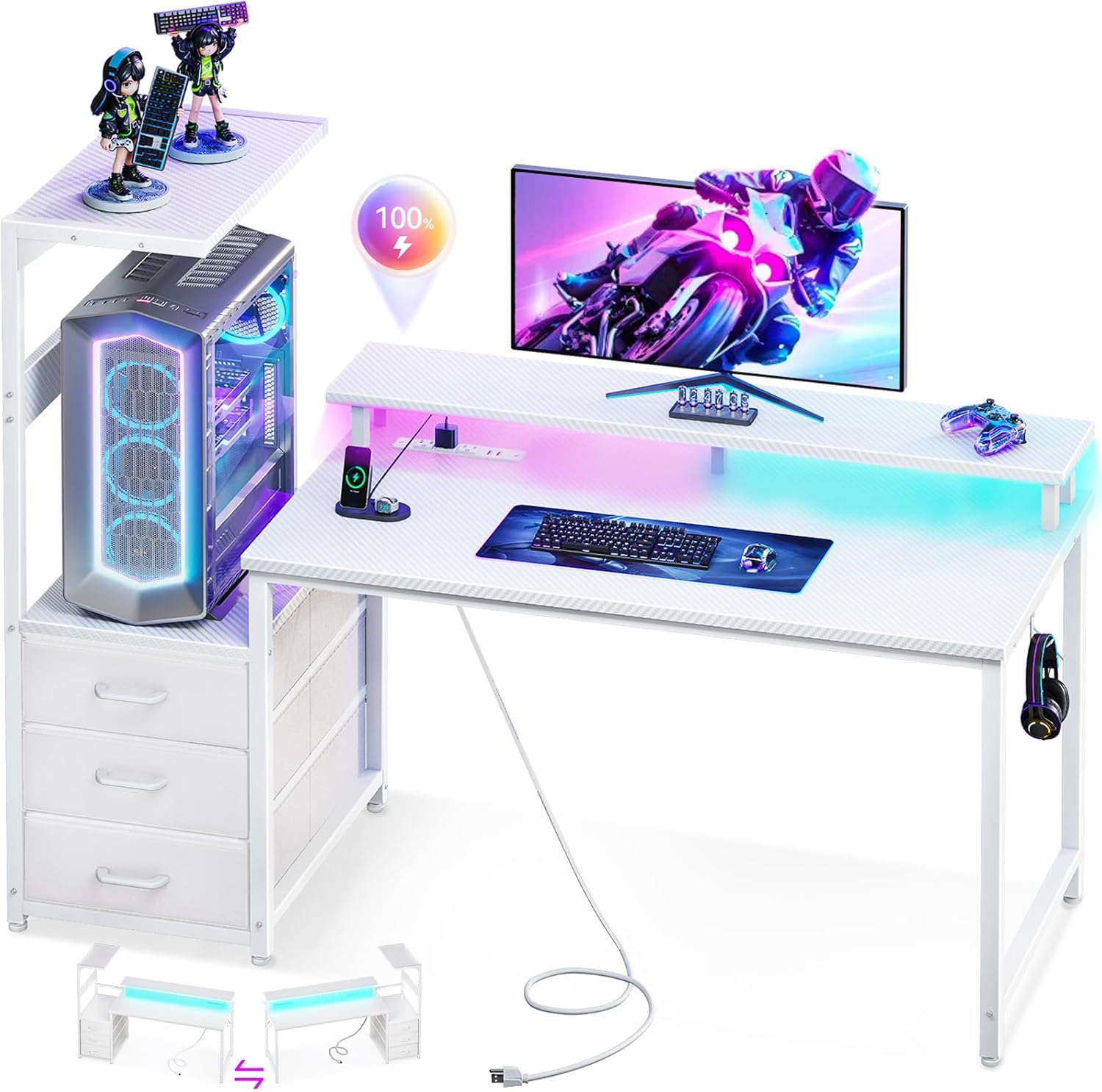 Casaottima 59 Inch Gaming Desk with USB Charging Ports & LED Light - Reversible Computer Desk with 3 Fabric Drawers, Monitor Stand, CPU Stand, and Side Hook, Modern Office Desk, Pure Black