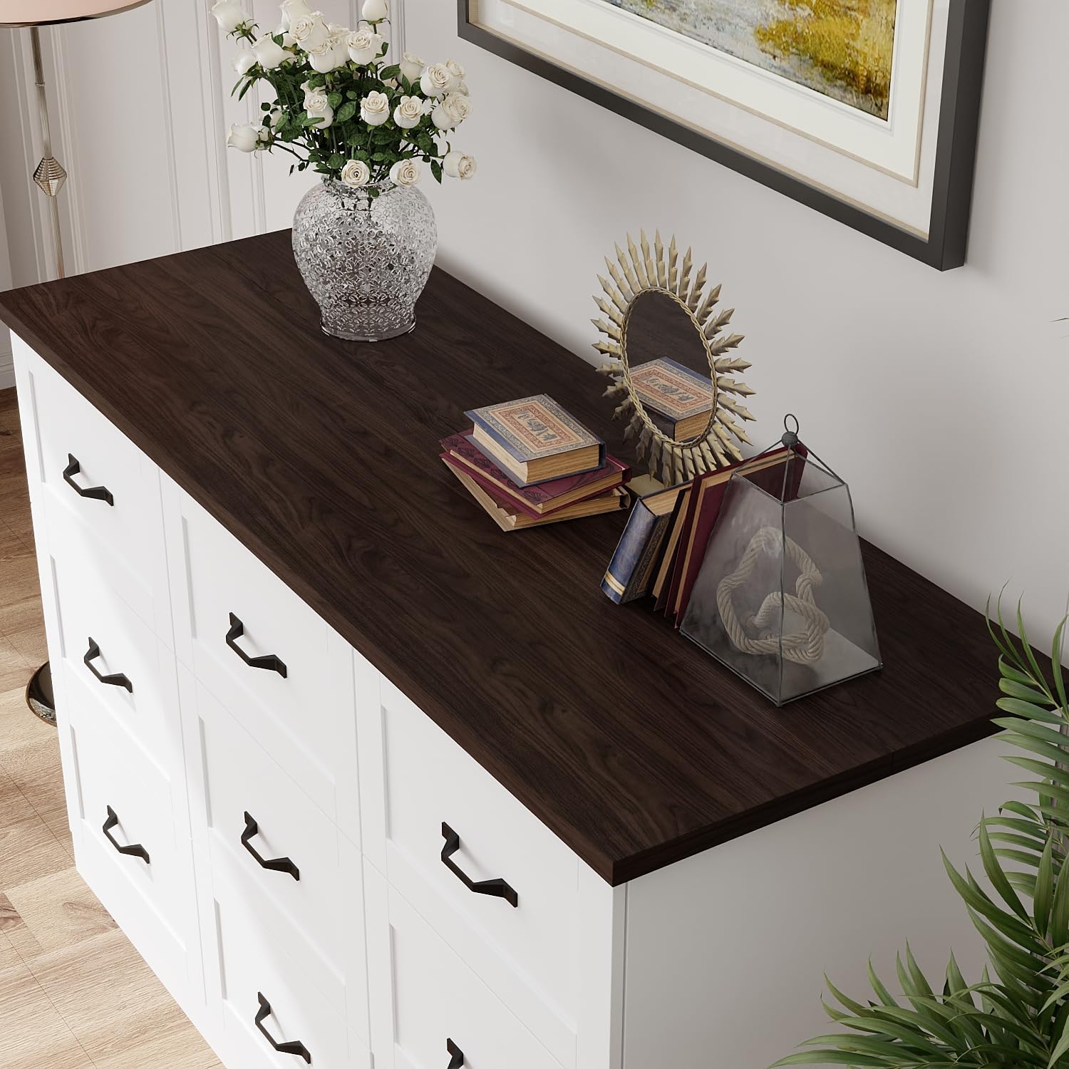 ECACAD TV Stand Cabinet with Charging Station, Motor Rising & Lowering Mount, Modern Entertainment Center with 9 Drawers for TVs up to 65 Inch, Lift Media Console Table for Living Room, White & Brown