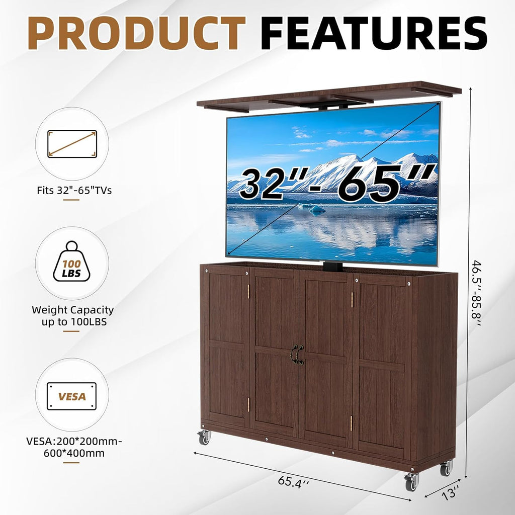 Solid Wood Outdoor TV Lift Cabinet for 32-65” TVs, Mobile TV Stand on Wheels, Weatherproof Motorized TV Lift Stand,Hidden TV Enclosure for Flat Screens