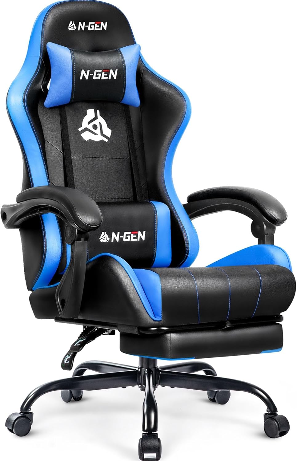N-GEN GAMING Video Gaming Chair with Footrest Lumbar Support for Home Office High Back Recliner Height Adjustable Ergonomic Comfy Leather Computer Desk Chair (Black)