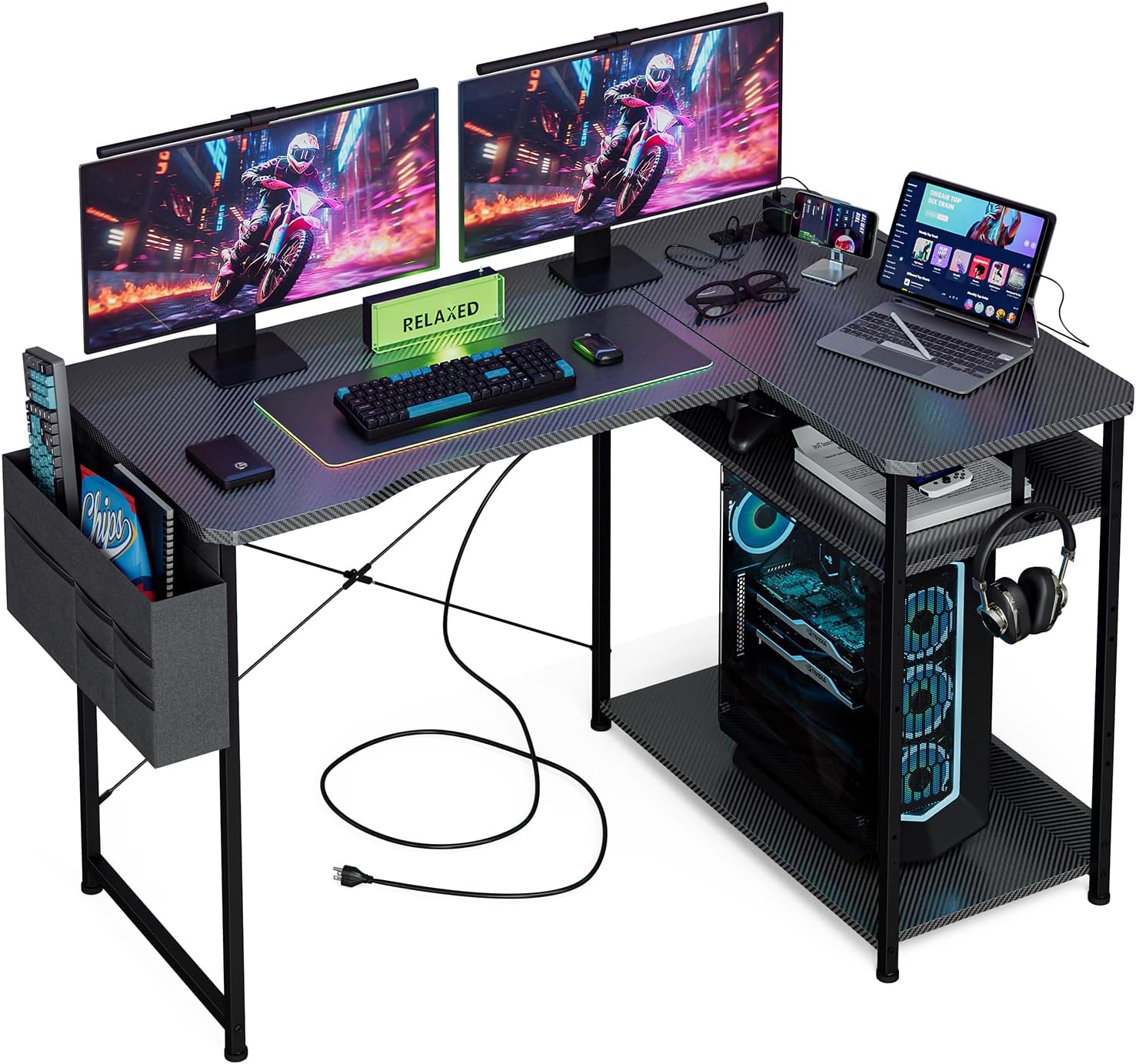 Small Gaming Desk with Power Outlets, 40 Inch L Shaped Desks with Reversible Shelves and Storage Bag,Computer Desk Corner Desk PC Desk for Gaming and Home Office Table,Black